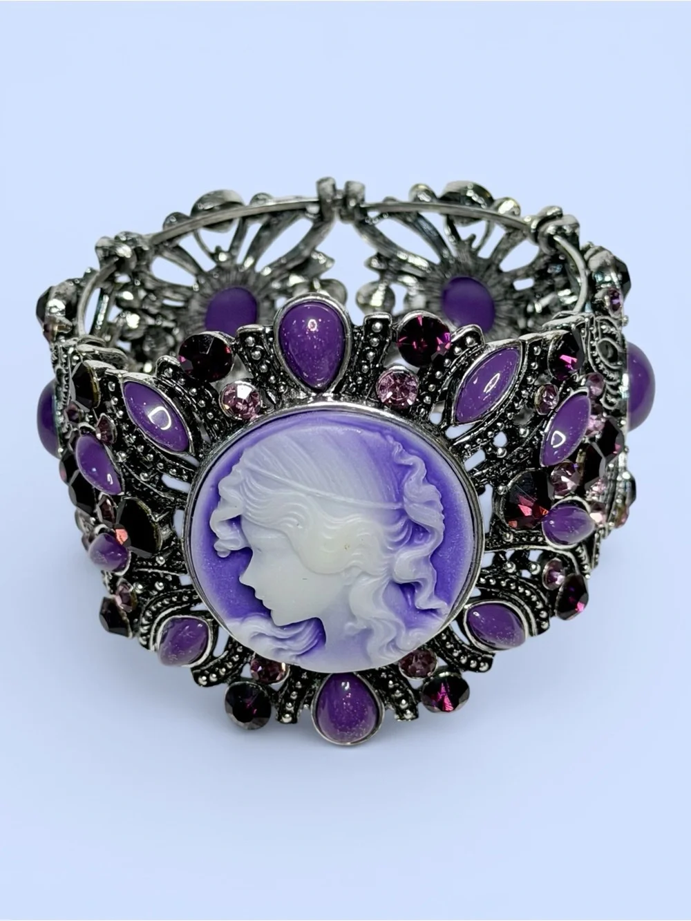 Victorian Revival Purple Cameo‎ Cuff Bracelet Silver Tone Filigree Rhinestones